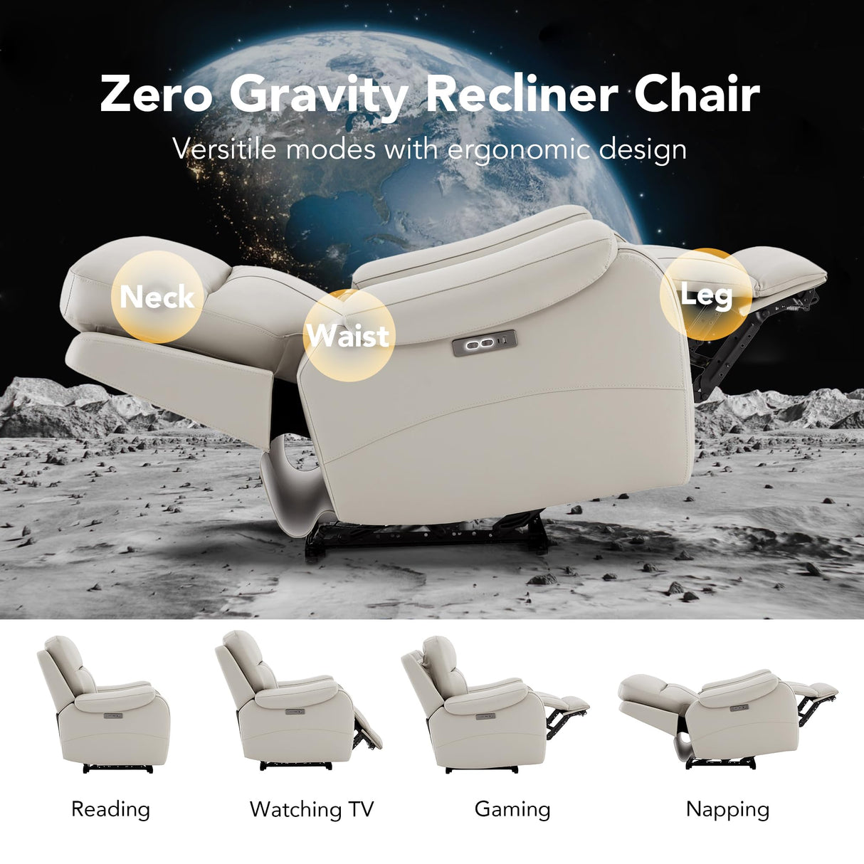 CHITA Large Power Zero Gravity Recliner Chair, Genuine Leather Recliner Chair for Adults with Adjustable Power Headrest and Hidden Slide-Out Cupholders, USB and Type-C Ports, Creamy Grey CHITA