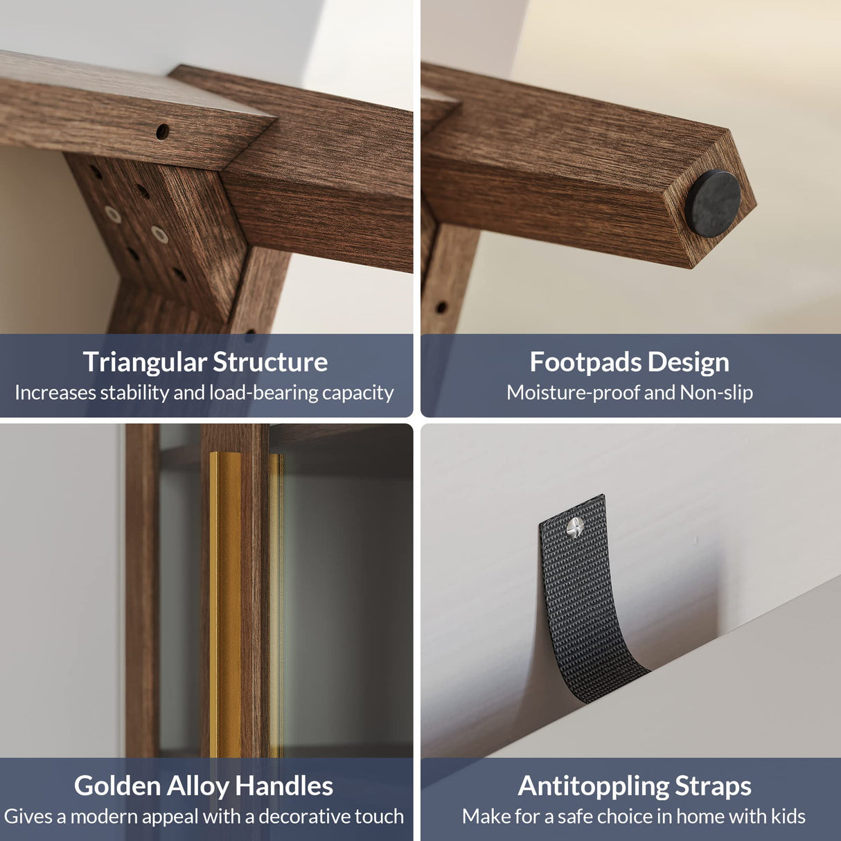 BELLEZE Sideboard Buffet Cabinet, Modern Curio Cabinet 3-Tiers Console Table for Kitchen Glass Display Cabinet Storage/Pantry Cabinet Coffee Bar for Living Room Bedroom Entryway, Brown BELLEZE