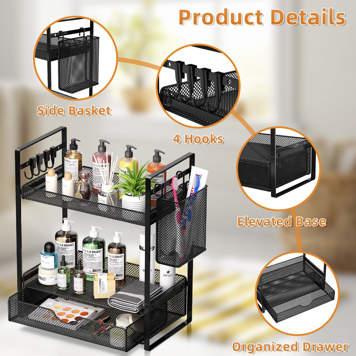 VITVITI 2 Tier Bathroom Organizer Countertop with Drawer, Metal Mesh Bathroom Counter Vanity Organizer Storage, Bath Room Shelf Sink Kitchen Spice Rack with Basket Hooks, Black VITVITI