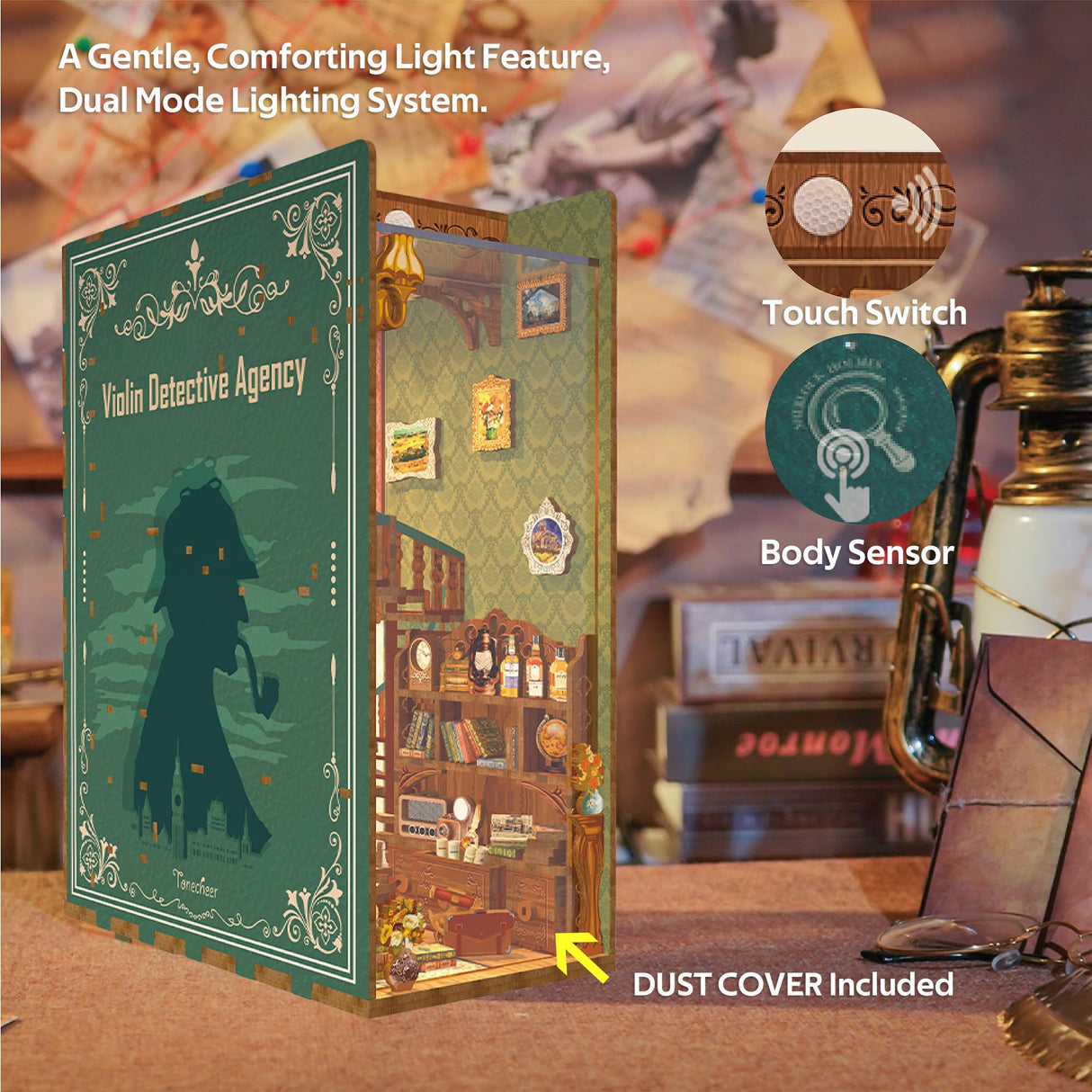 Tonecheer DIY Book Nook Kit for Adults, Wooden 3D Puzzle Bookend Bookshelf Insert Decor, Detective Booknook Miniature House Kit with Dust Cover and Body Motion Sensor LED (Violin Detective Agency) Tonecheer