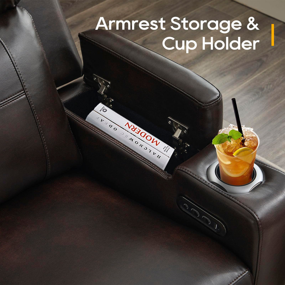 P.H.Furn Power Recliner Sofa, Home Theater Seating with Adjustable Headrest, Blue LED Lighting, Reclining Loveseat, Flip-Up Backrest Storage, Multi-Port Charger, Cup Holder, USB P.H.Furn