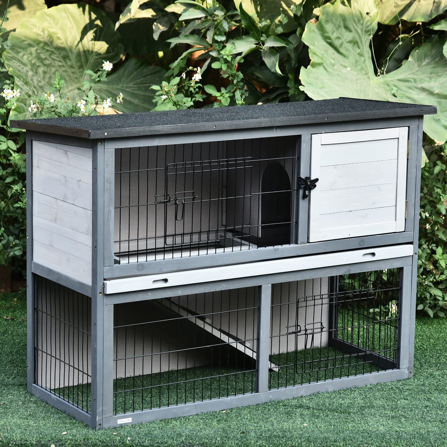 PawHut 43" L Wooden Rabbit Hutch Bunny Cage Small Animal House Enclosure with Ramp, Removable Tray and Weatherproof Roof for Outdoor, Grey - WoodArtSupply