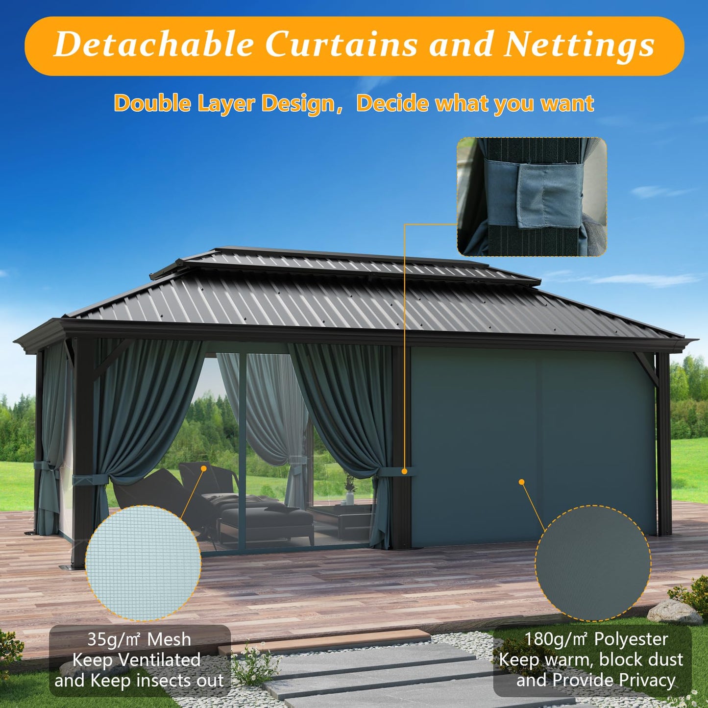 HOTEEL 12x20ft Hardtop Gazebo Heavy Duty Gazebo with Galvanized Steel Double Roof, Permanent Gazebo with Netting and Curtains, Aluminum Frame Outdoor Gazebo for Patio, Backyard, Deck and Lawn - WoodArtSupply