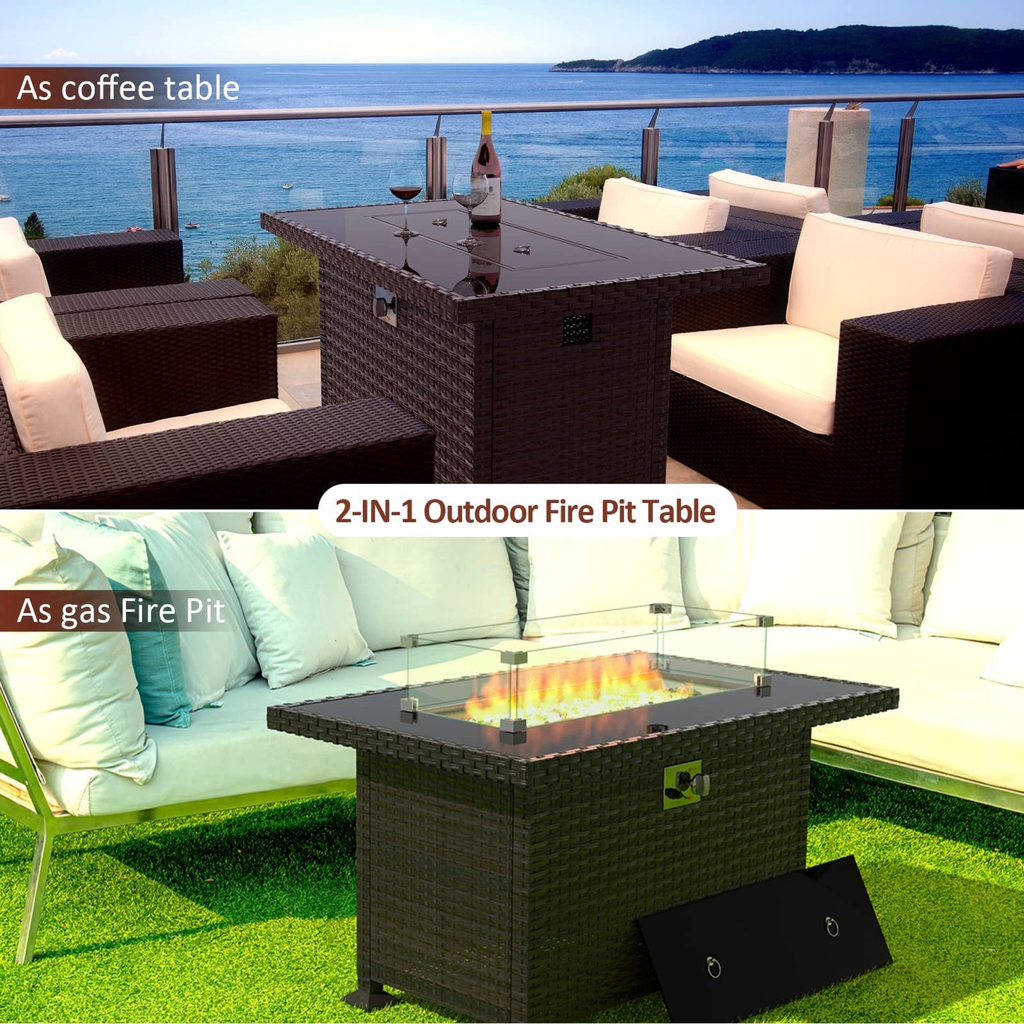 Amopatio Outdoor Patio Furniture Set with Gas Fire Pit Table, 15 Pieces Patio PE Wicker Pit Sectional Sofa, 44" Glass Gas Fire Patio Sectional Furniture with Burgundy Cushions, Coffee Tables, - WoodArtSupply