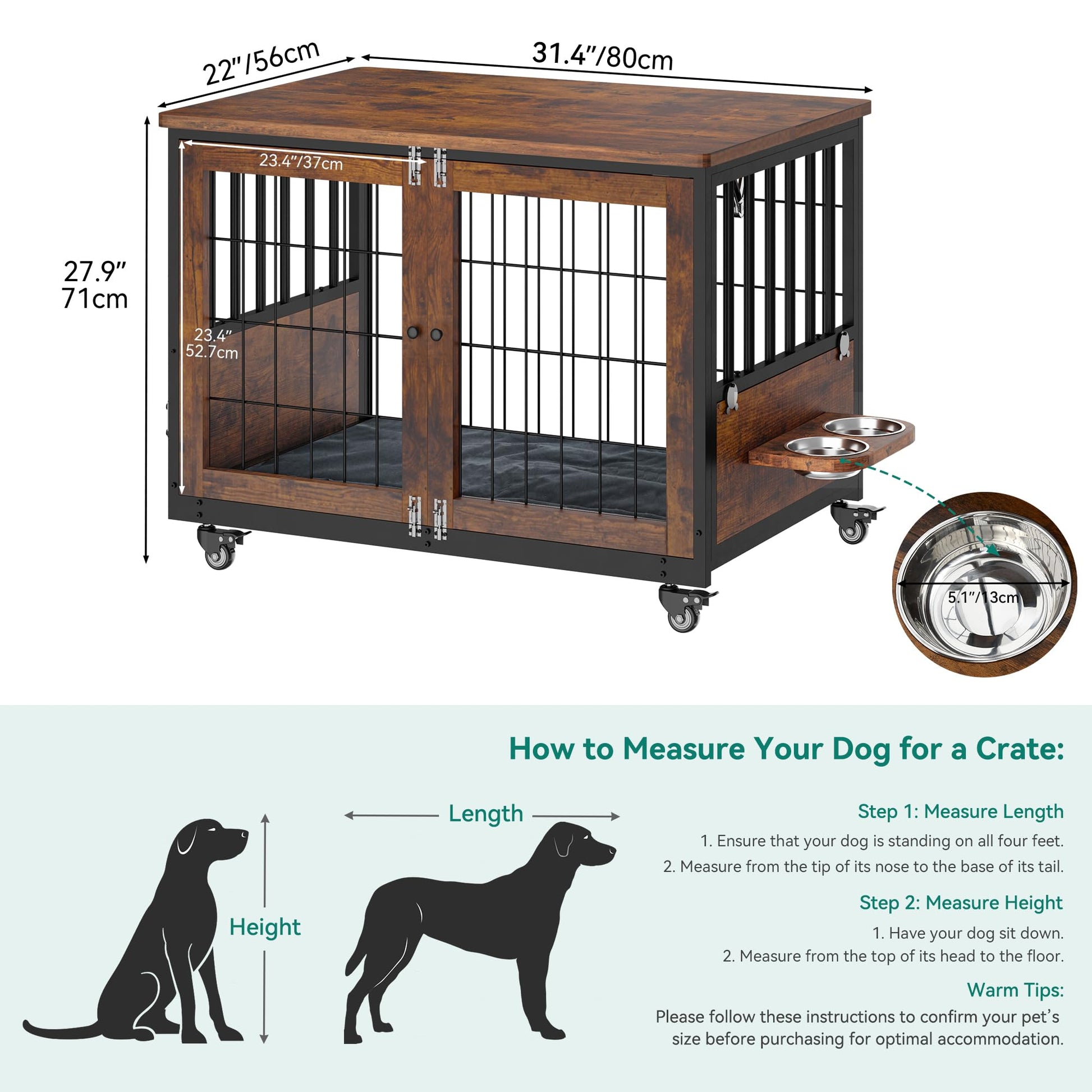 YITAHOME Dog Crate Furniture with Feeder Bowls, 31.4" Dog Kennel End Table with Wheels and Flip Top, Heavy Duty Dog Kennel for Small/Medium Dogs, Brown - WoodArtSupply