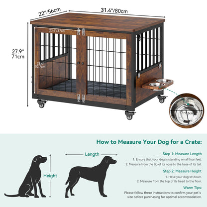 YITAHOME Dog Crate Furniture with Feeder Bowls, 31.4" Dog Kennel End Table with Wheels and Flip Top, Heavy Duty Dog Kennel for Small/Medium Dogs, Brown - WoodArtSupply