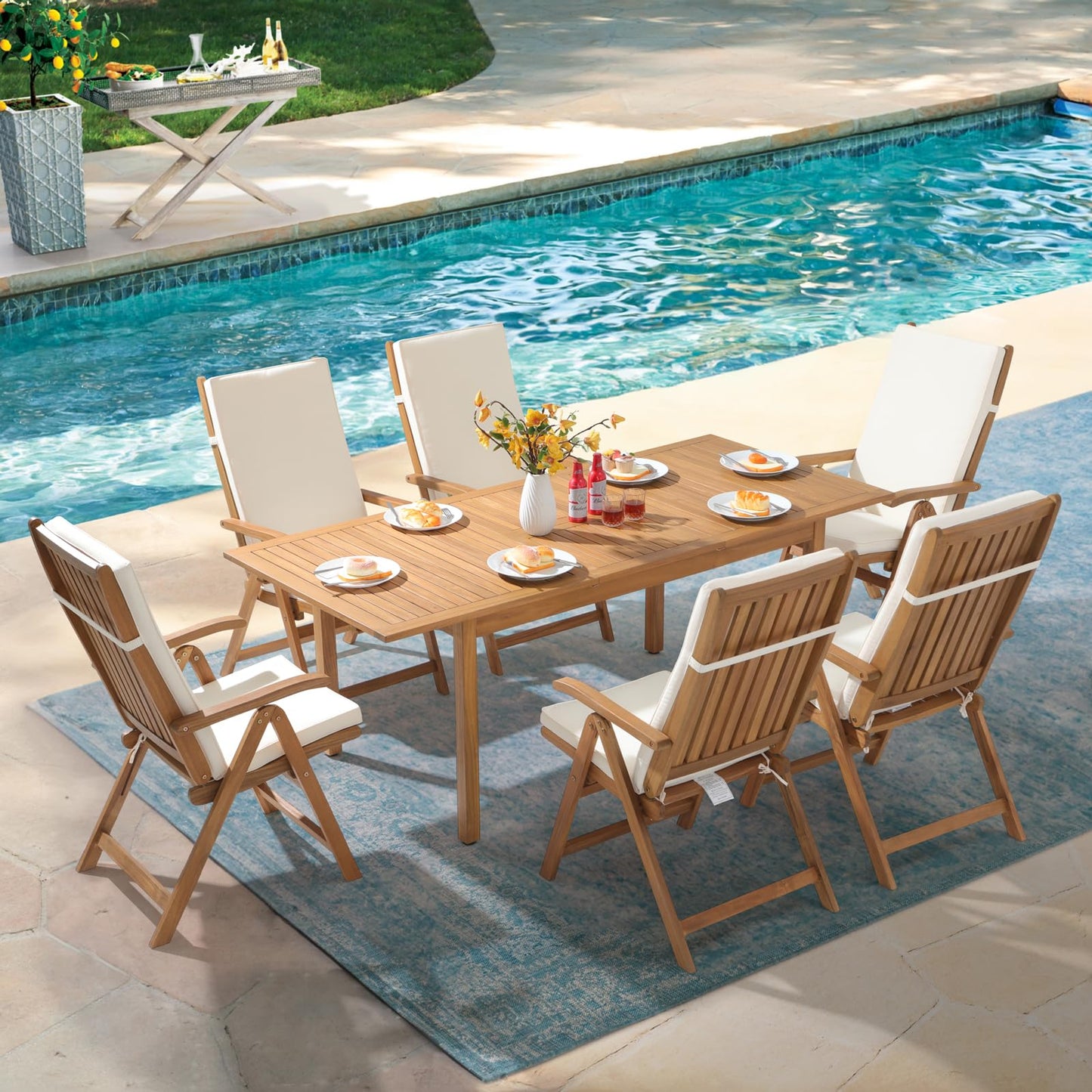 OC Orange-Casual 7 Piece Patio Dining Set, Outdoor Acacia Wood Furniture Set w/Extendable Rectangular Table and 6 Foldable Reclining Chair, FSC Certified, for Deck Garden Backyard, Beige - WoodArtSupply