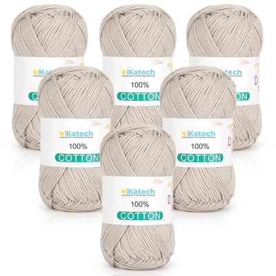 Katech Pure Cotton Yarn for Crocheting & Knitting – Soft Sport Weight CYC #2, 6 Skeins (50g Each, 300g Total), Ideal Crochet Yarn for Dishcloths, Baby Clothes, Socks, Lightweight Scarves（Beige）