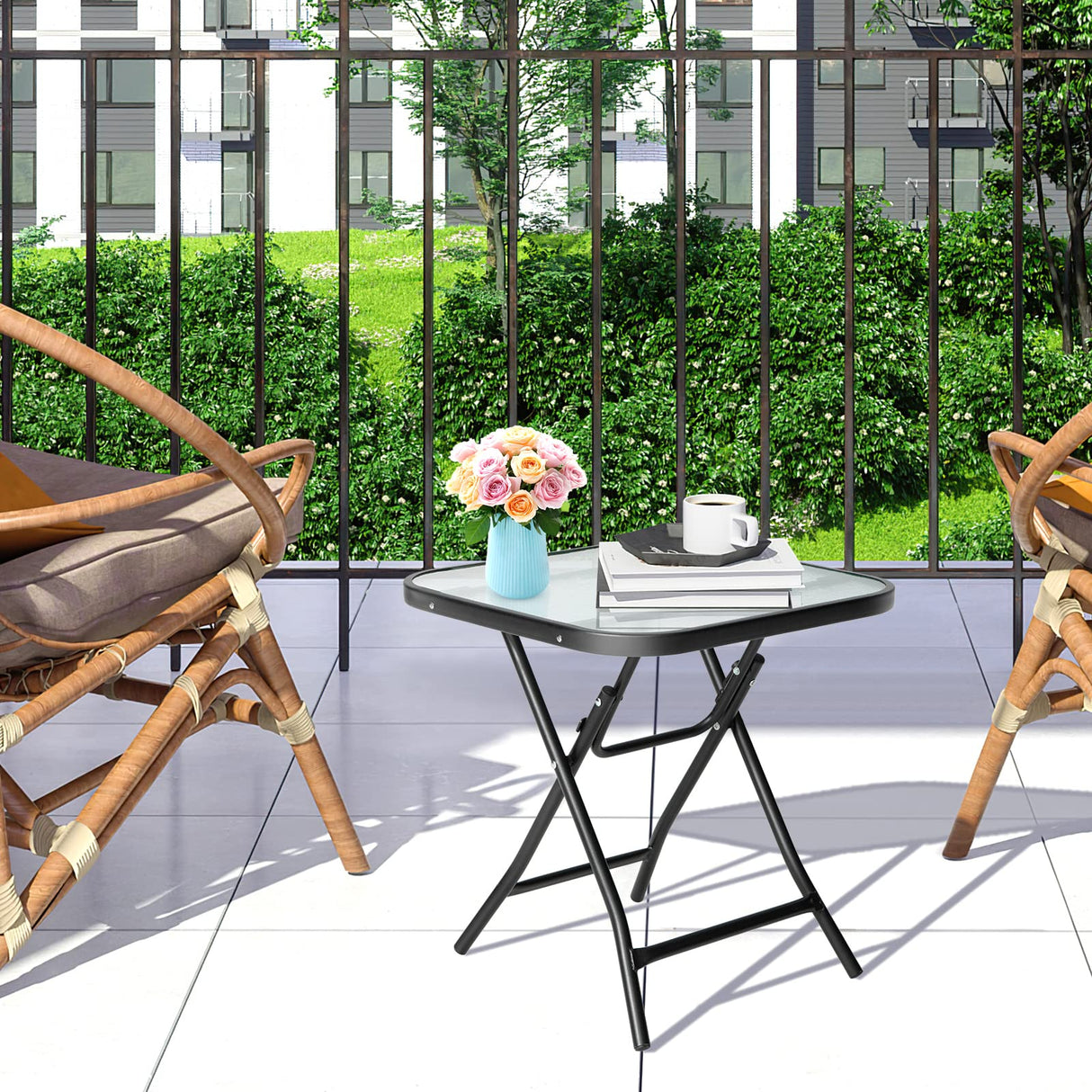 Giantex Folding Side Table, Square Small Patio Table, Tempered Glass Tabletop, Steel Frame, Weather-Resistant Outdoor Indoor Use for Bistro Porch Garden Balcony 18"x18"x18.5" Giantex