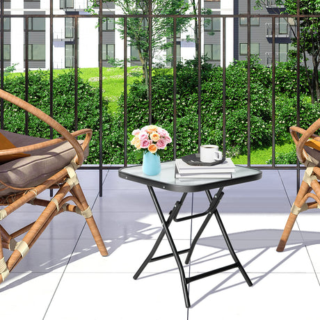 Giantex Folding Side Table, Square Small Patio Table, Tempered Glass Tabletop, Steel Frame, Weather-Resistant Outdoor Indoor Use for Bistro Porch Garden Balcony 18"x18"x18.5" Giantex