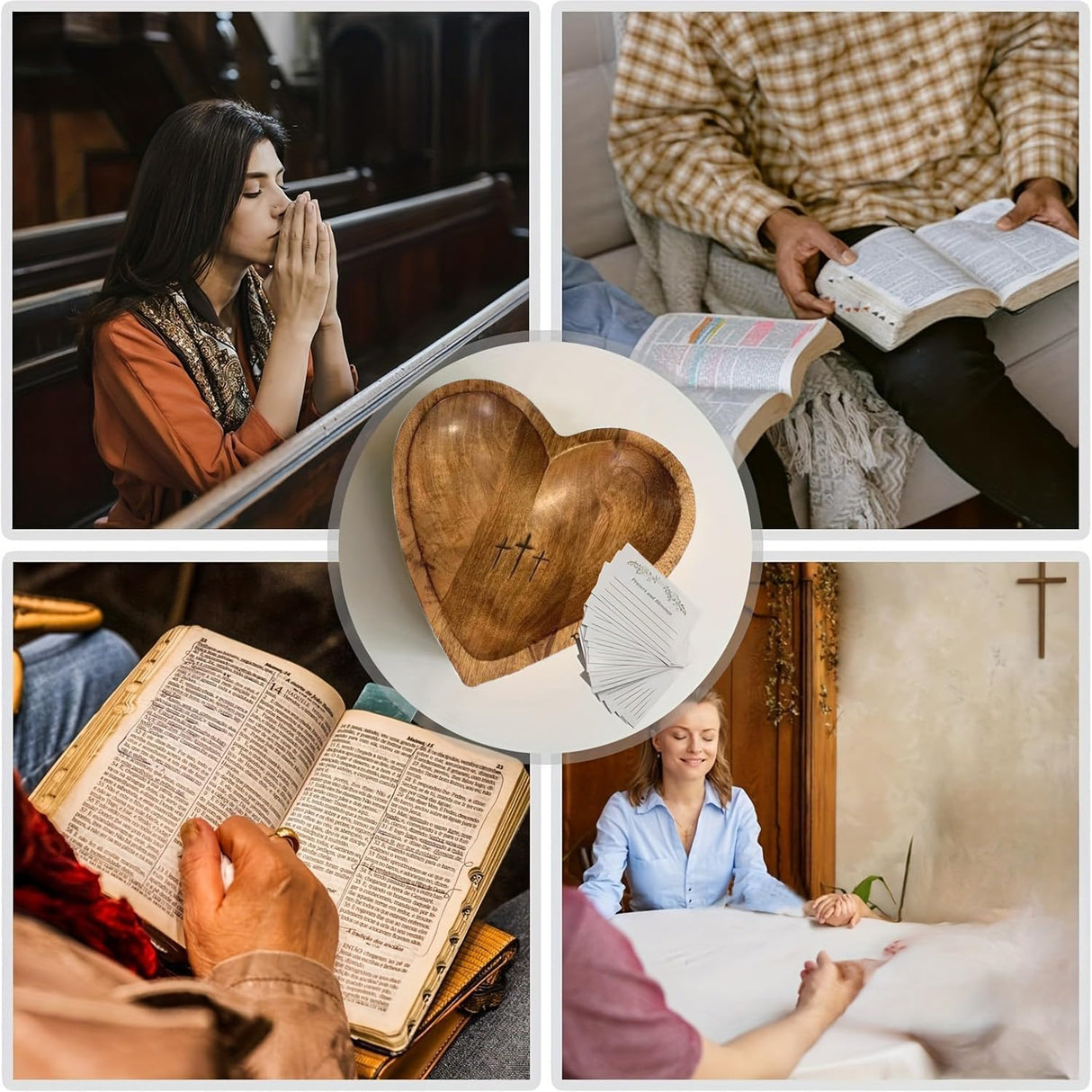BIXMK Prayer Bowl,Prayer Bowl Wooden with Cards,Wooden Heart Prayer Bowl with Cross,Handcrafted Prayer Bowl for Women with 24 Prayer Cards,Wood Dough Bowl BIXMK