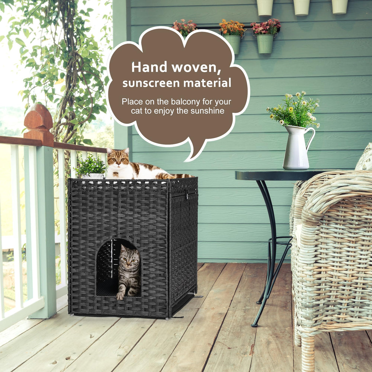 Cat Litter Box Enclosure with Soft Litter Mat; Hidden Cat Washroom Furniture with Door; Handwoven Rattan Cat House with Large Space; Pet Crate for Living Room, Bedroom, Balcony (Black) Honiakaka
