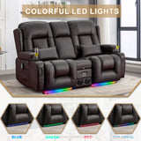 URRED Power Reclining Loveseat Sofa with Console, RV Couch Loveseat Recliner Sofa with Massage & Heat, LED Light, Cupholders, Bluetooth Speakers, USB Charge Ports, Outlets, Faux Leather, Dark Brown URRED