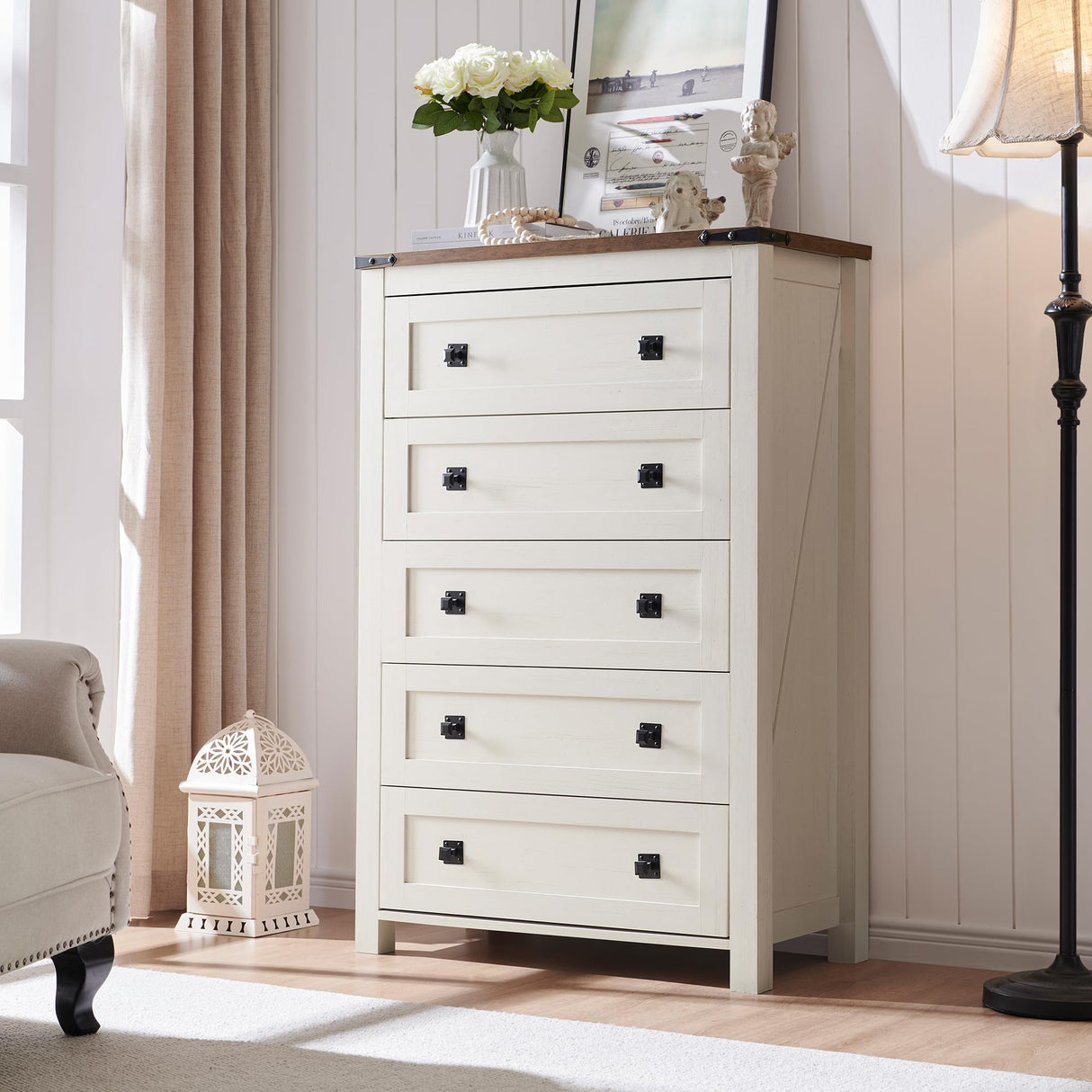 RedLemon Farmhouse 5 Drawer Dresser, 48" Tall Rustic Chest of Drawers, Wood Dresser for Bedroom, Living Room, Hallway, Antique White RedLemon