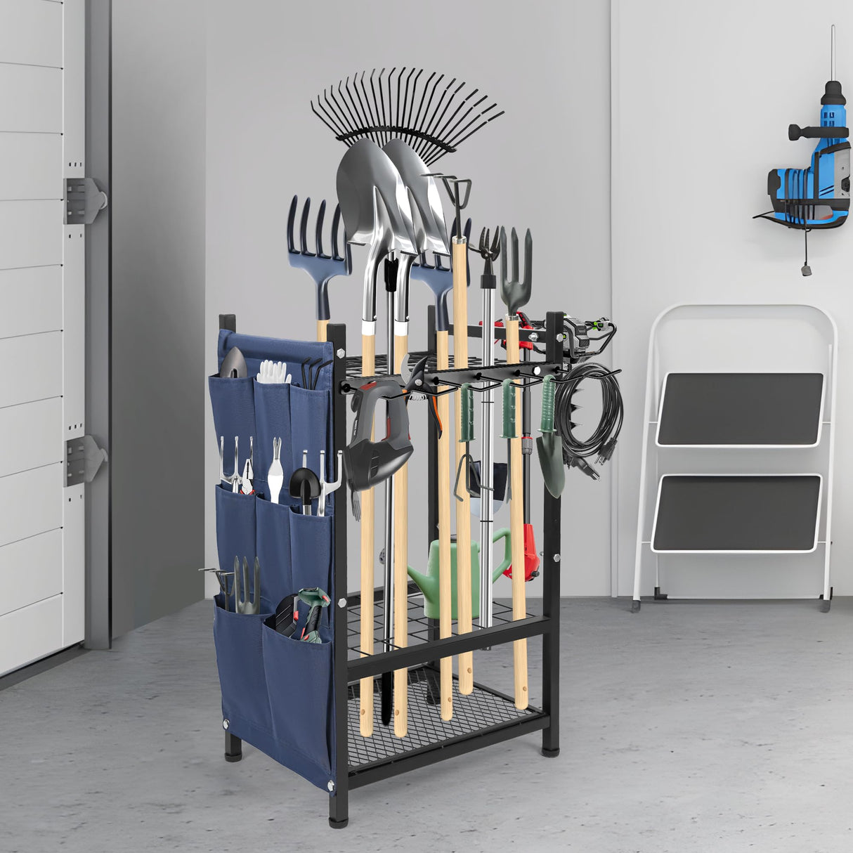 SAMRELAX Garden Tool Rack Freestanding, Heavy Duty Garden Tool Organizer, 3-tier Tool Rack, Multifunctional Yard Tool Storage with Hooks and Storage pockets for Outdoor Long-Handled Broom Shovel Rake SAMRELAX