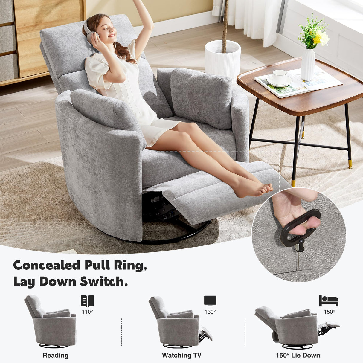 Recliner Swivel Rocking Glider Chair, Upholstered Nursery Adult Recliner Rocking Chair with 2 Pillows for Living Room Bedroom(LIGHTGREY, Manual Operation) choairy