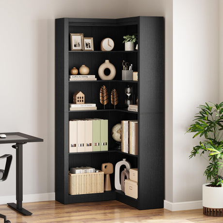 GarveeHome Corner Bookshelf Black, 71.8 in Black Corner Bookcase, L-Shaped Bookshelf Farmhouse Bookcase, 5 Tier Display Shelf Heavy Duty Bookcases, Bookshelves with Storage GarveeHome