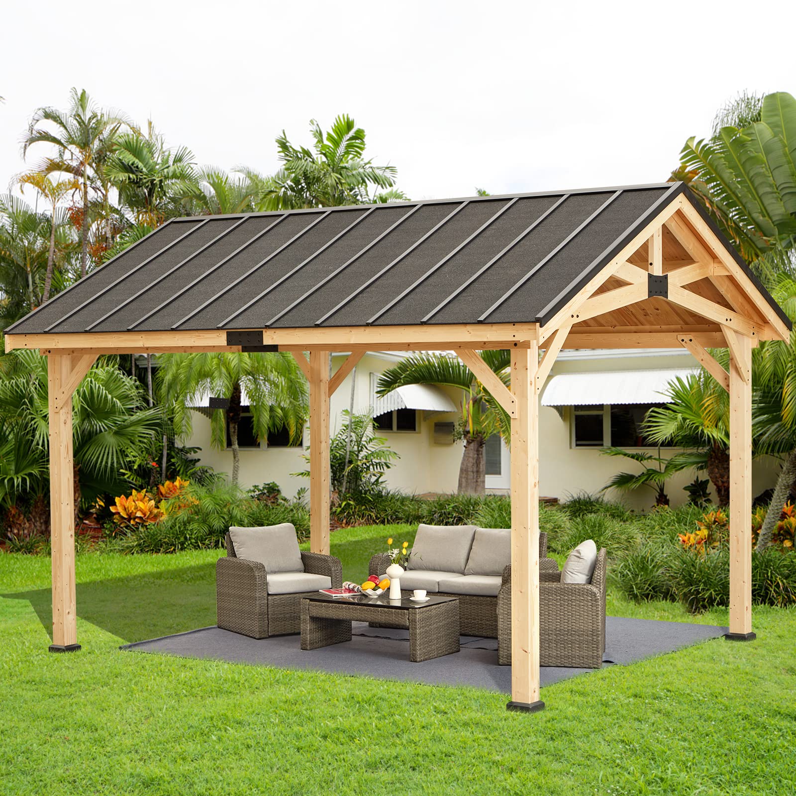 YOLENY Wood Gazebo, 12' x 15' Gazebo Hardtop Gazebo, Spruce Wood Solid Wood Gazebo, Waterproof Asphalt Roof, for Lawns, Beach, Patio, Garden, Yard, Easy Assembly - WoodArtSupply