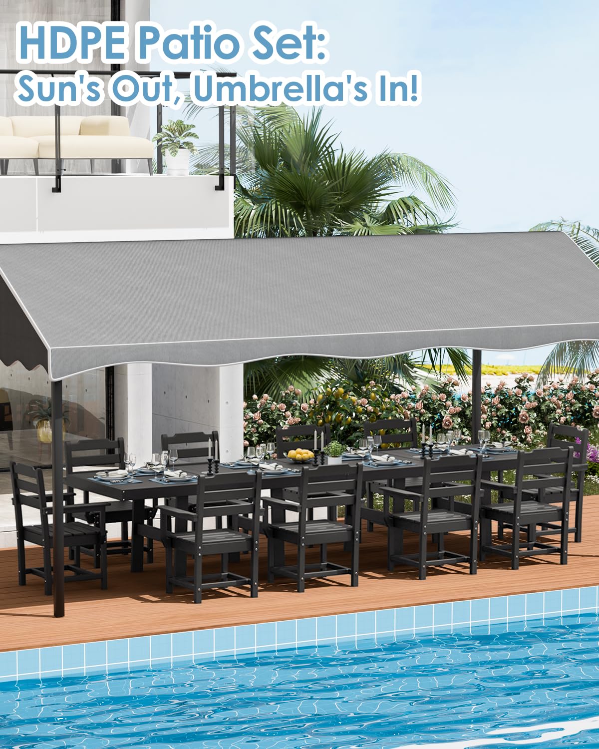 K Knowbody 12-Piece Outdoor Dining Set for 10 - All-Weather Patio Furniture HDPE Table with Umbrella Hole and Chairs for Garden, Backyard, Poolside,Balcony, Black K Knowbody