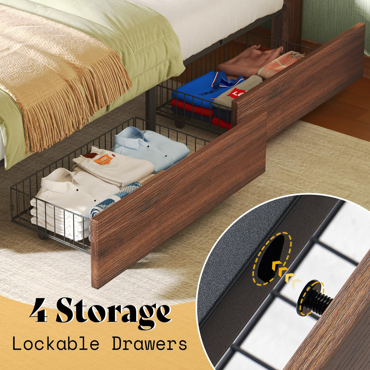 AMERLIFE Full Size Farmhouse Bed Frame with 4 Drawers, Wooden Storage Bed Frame with Headboard and Heavy Duty Metal Slats, Noisy Free, Easy Assemble, Rusric Brown AMERLIFE