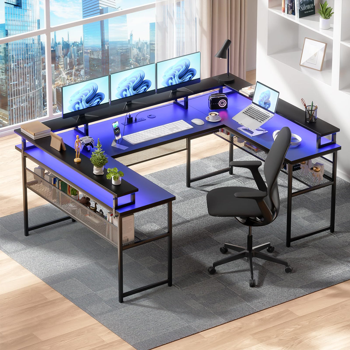Unikito U Shaped Computer Desks, Reversible Office Desk with LED Strip and Power Outlets, L Shaped Table with Full Monitor Stand and Storage Shelves, 83 Inch Large U- Shape Gaming Desk, Black Unikito