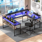 Unikito U Shaped Computer Desks, Reversible Office Desk with LED Strip and Power Outlets, L Shaped Table with Full Monitor Stand and Storage Shelves, 83 Inch Large U- Shape Gaming Desk, Black Unikito