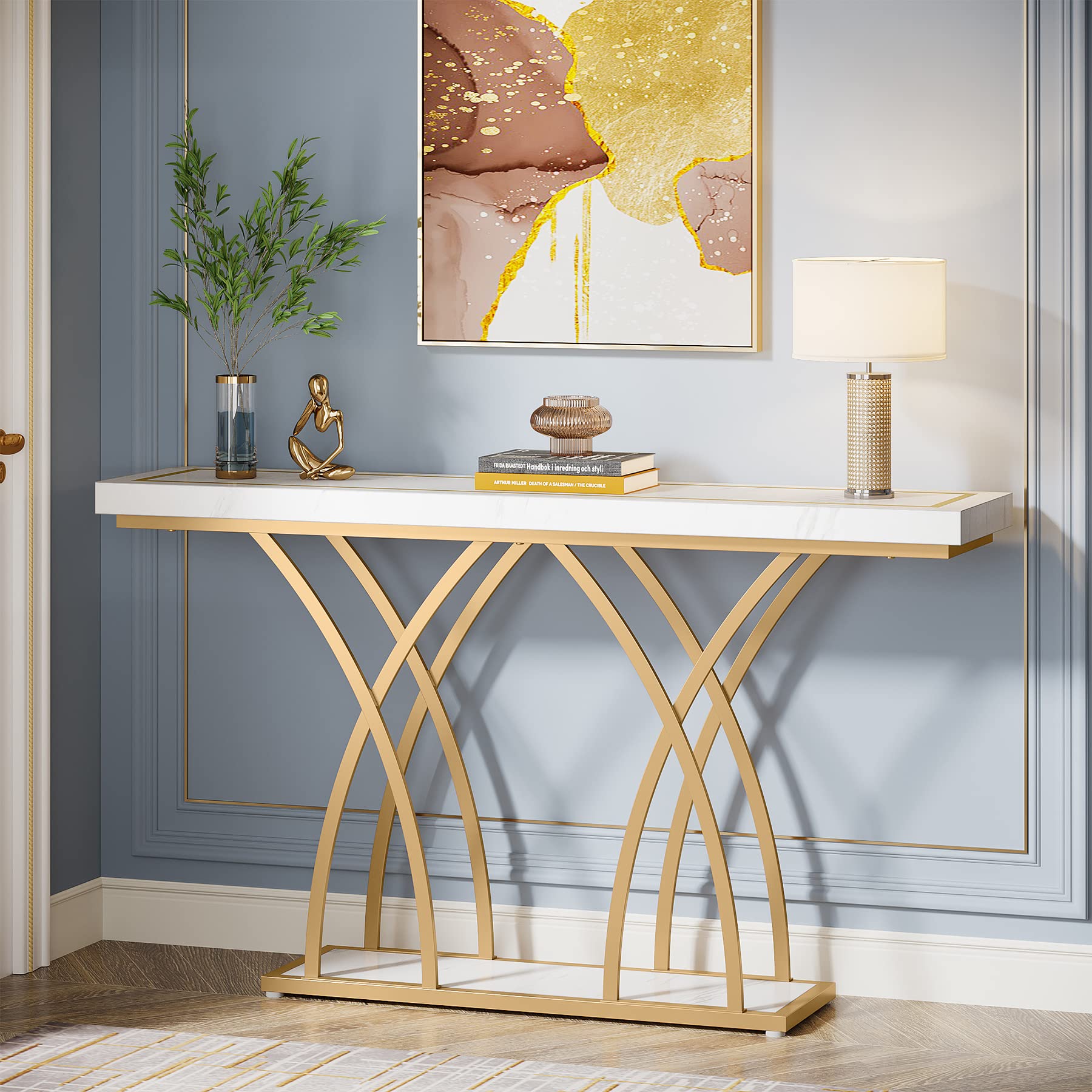 Tribesigns 55 Inch Gold Console Table, Modern Faux Marble Veneer Entryway Table Behind Sofa Couch, Narrow Long Hallway Table with Geometric Metal Legs for Living Room, White & Gold - WoodArtSupply