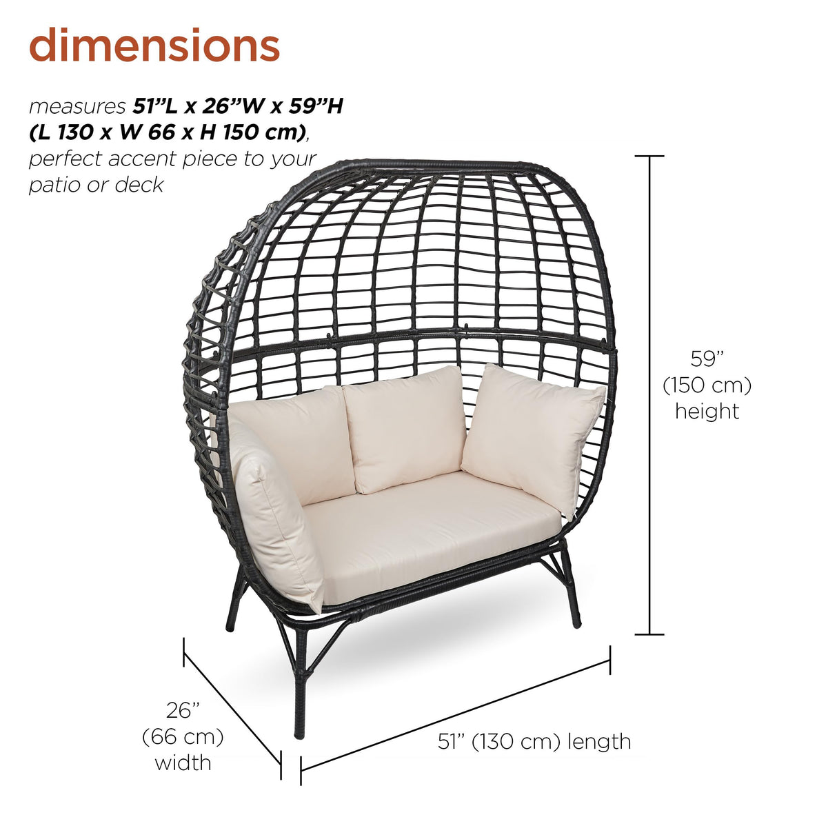 Alpine Corporation MHQ130 Indoor/Outdoor Double Seat Egg Chair w/Cushions, Versatile Patio & Sun Room Seating, 57" H, Black Alpine Corporation