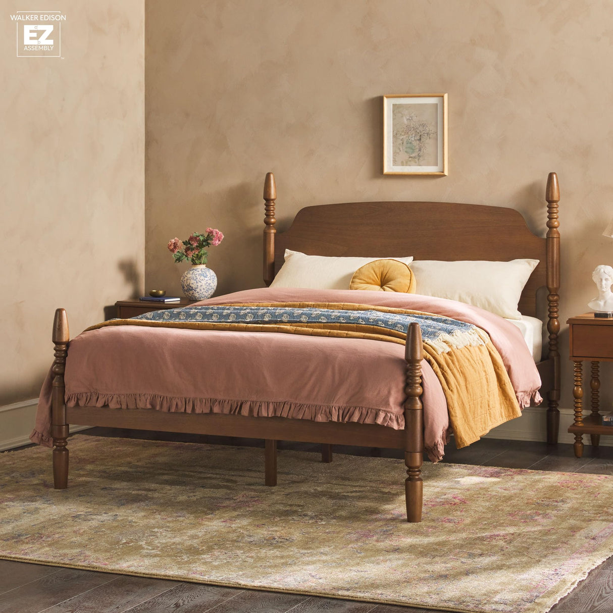 Walker Edison EZ Assembly™ Traditional Wood Spindle Post Bed, Modern Farmhouse Bed Frame Queen Bed Frame with Headboard, No Box Spring Required, Queen Size, Dark Brown Walker Edison