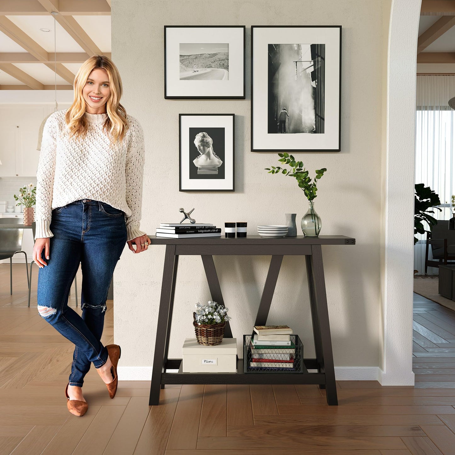 JOINHOM Farmhouse Console Table for Entryway - Wood Entryway Tables with Shelves, Sofa Table for Entryway, Living Room, Black - WoodArtSupply