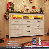 Hlivelood Farmhouse 9 Drawer Dresser with LED Lights, 63" Wide Large Chest of Drawers for Bedroom, Modern Wood Dresser Storage Organizer with Charging Station for Living Room, Bedroom, Rustic White Hlivelood