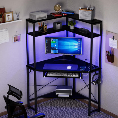 Uniheim Corner Desk with Hutch and LED Lights, Corner Computer Desk with Keyboard Tray and Monitor Stand, Small Computer Desk for Small Spaces, Home Office - WoodArtSupply