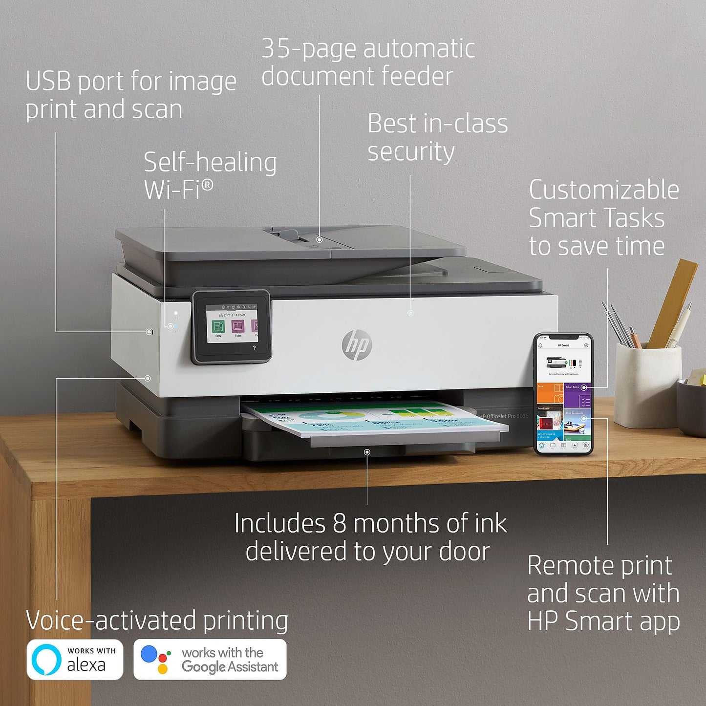 HP OfficeJet Pro 8035 All-in-One Wireless Printer - Includes 8 Months of Ink, HP Instant Ink, Works with Alexa - Basalt (5LJ23A)