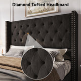 Jocisland Queen Bed Frame Upholstered Bed Wingback Headboard Velvet Tufted Diamond Button/No Box Spring Needed/Easy Assembly/Black Jocisland