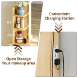 LIKIMIO Small Makeup Vanity Desk with Mirror and Lights, Vanity Table Set with Storage Drawer, Chair and Three Shelves, Bedroom, Wood LIKIMIO