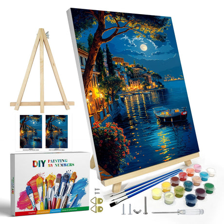 JOOZ Paint by Numbers Kit for Adults with Frame, Moon Paint by Number with Easel, DIY Town Lake Boat Paint by Numbers Landscape for Home Wall Decor 8 x 12 Inch JOOZ