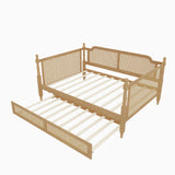 SOFTSEA Twin Size Rattan Wood Daybed with Trundle, Traditional Style Daybed with Trundle, Twin Trundle Bed with Sturdy Wooden Slats for Kids, Girls, Boys, No Box Spring Needed, Easy Assembly, Walnut SOFTSEA