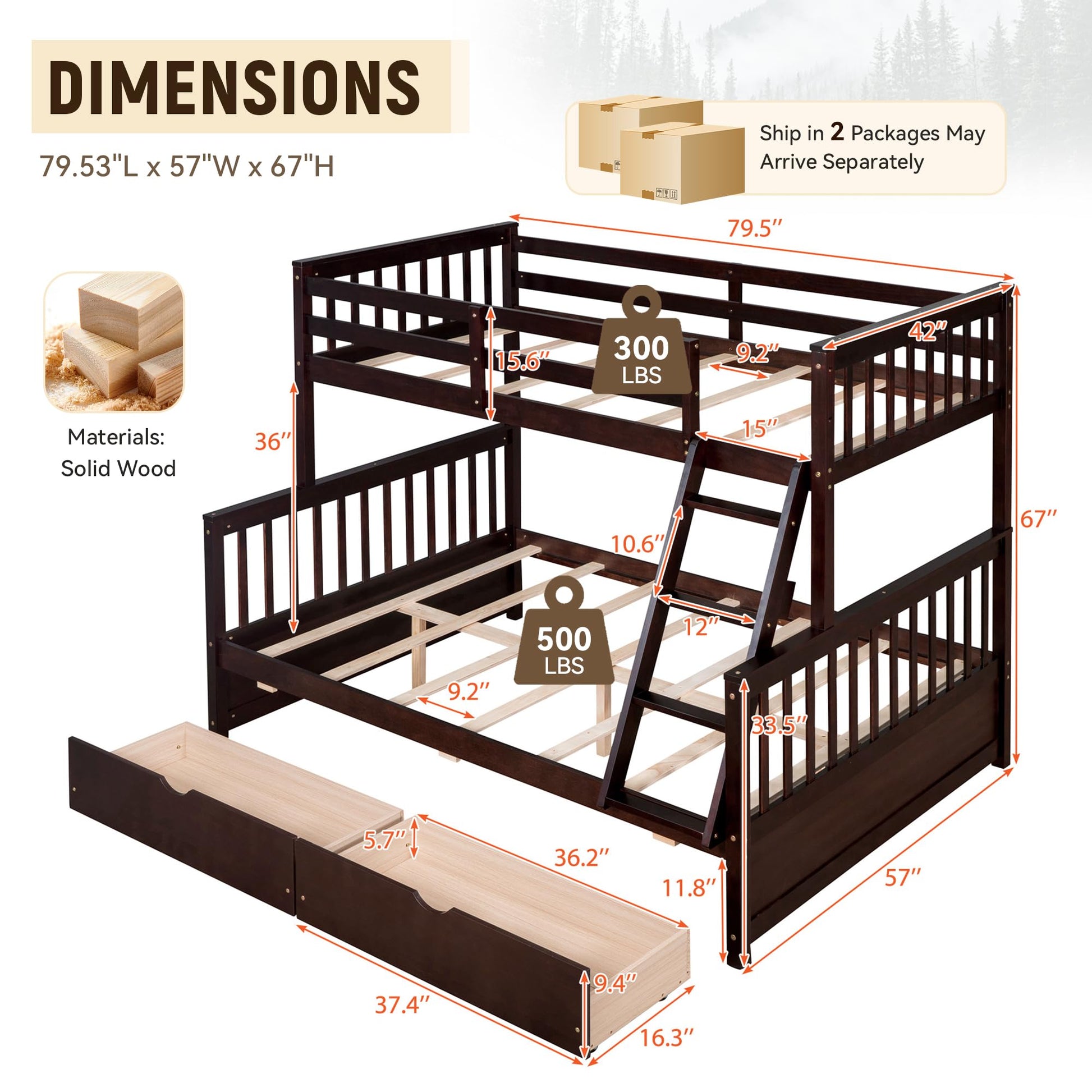 SLEERWAY Espresso Twin Over Full Bunk Bed with Storage Drawers - Solid Wood Convertible Frame for Kids and Adults - WoodArtSupply