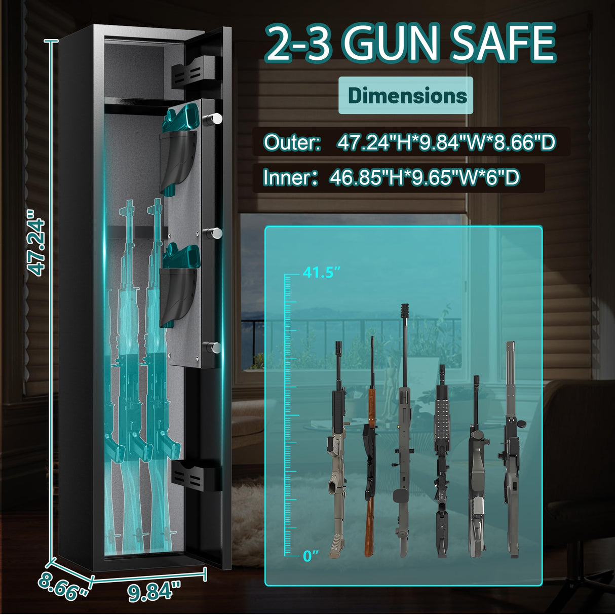 SHICHI 2-3 Gun Safe for Rifles and Pistols, Long Gun Cabinet for Shotgun, Electronic Rifle Safes for Home, Gun Cabinet with Removable Shelf, Dual Alarm & Mute, Quick Access Gun Locker SHICHI