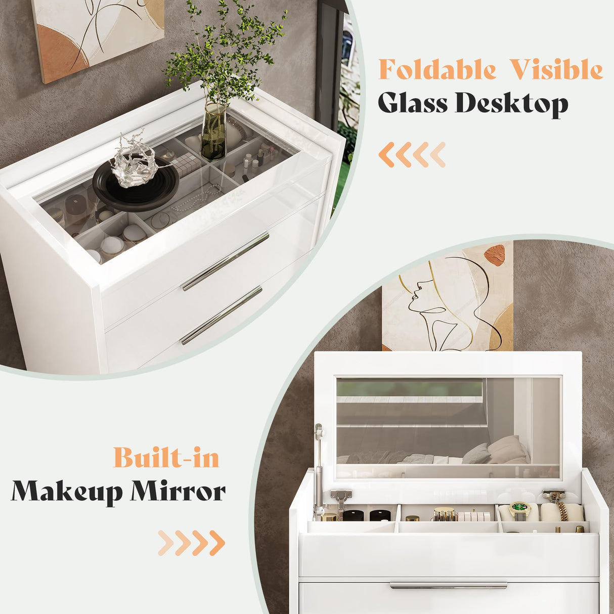 AMERLIFE 4 Piece Bedroom Furniture Set, 2 Nightstands with Charging Station, 8 Drawer Dresser with LED Light & 5 Drawer Chest, Modern High Gloss UV Finish, Bedroom Storage Organizer, White AMERLIFE