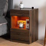 HOMMPA Set of 2 Open Shelf LED Nightstands with Charging Station Dark Walnut 2 Drawers Bedside Tables with Led Light Night Stands with Storage Smart Nightstads Wood Night Table Mid Century for Bedroom HOMMPA