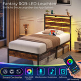 Rolanstar Bed Frame Twin Size with USB Charging Station, LED Bed Frame with Wood Storage Headboard, Rustic Brown Metal Platform Bed with Under Bed Storage, No Box Spring Needed, Noise Free Rolanstar