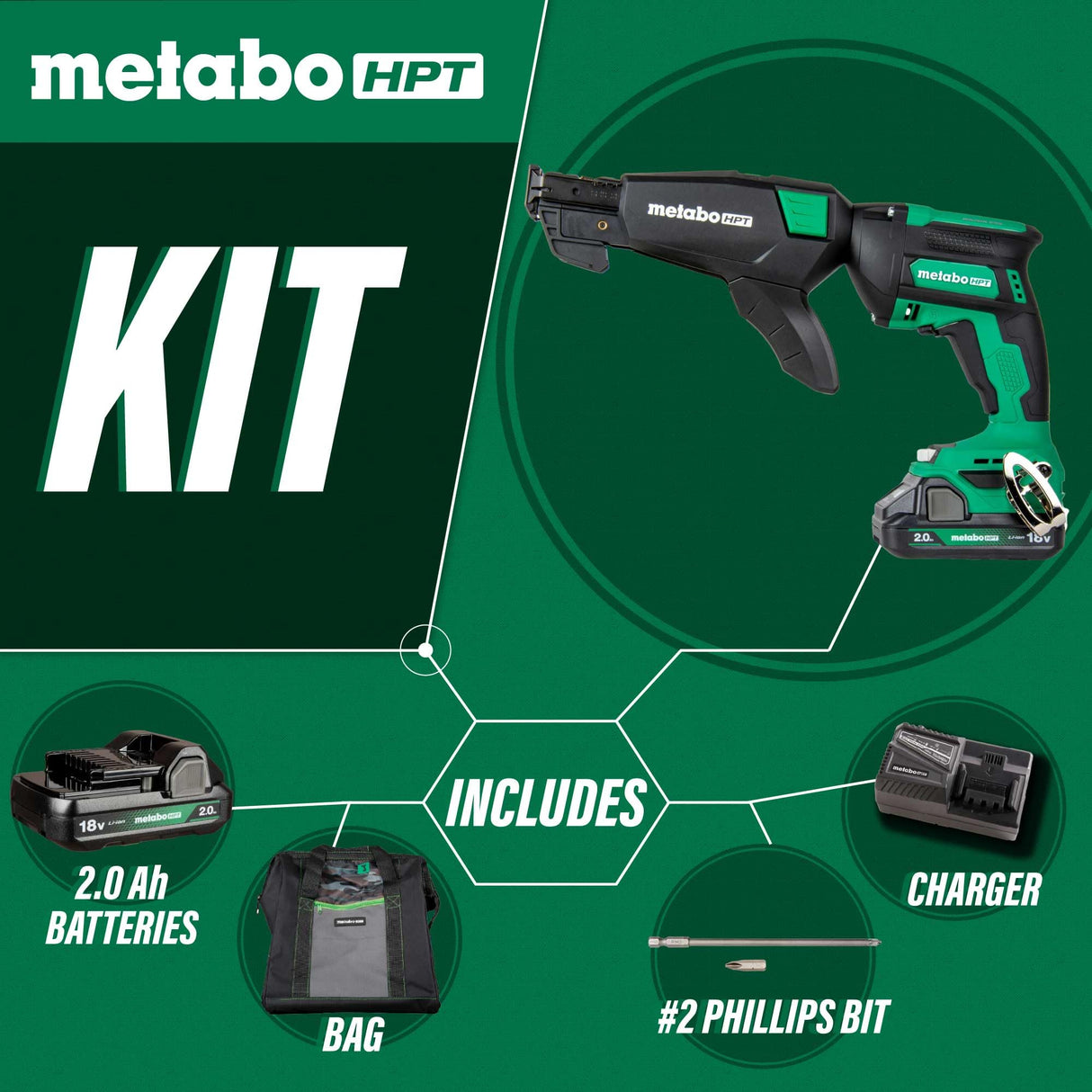 Metabo HPT Cordless 18V MultiVolt™ Drywall Screw Gun Kit | Includes Collated Screw Magazine Attachment | Includes 1-18V 2.0 Ah Battery | Lifetime Tool Warranty | W18DAQB Metabo HPT