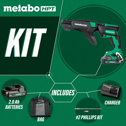 Metabo HPT Cordless 18V MultiVolt™ Drywall Screw Gun Kit | Includes Collated Screw Magazine Attachment | Includes 1-18V 2.0 Ah Battery | Lifetime Tool Warranty | W18DAQB - WoodArtSupply