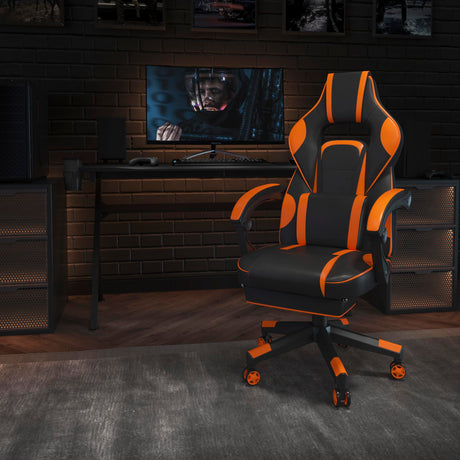 EMMA + OLIVER Black/Orange Ergonomic Gaming Chair -Recline Back/Arms, Footrest, Massaging Lumbar EMMA + OLIVER