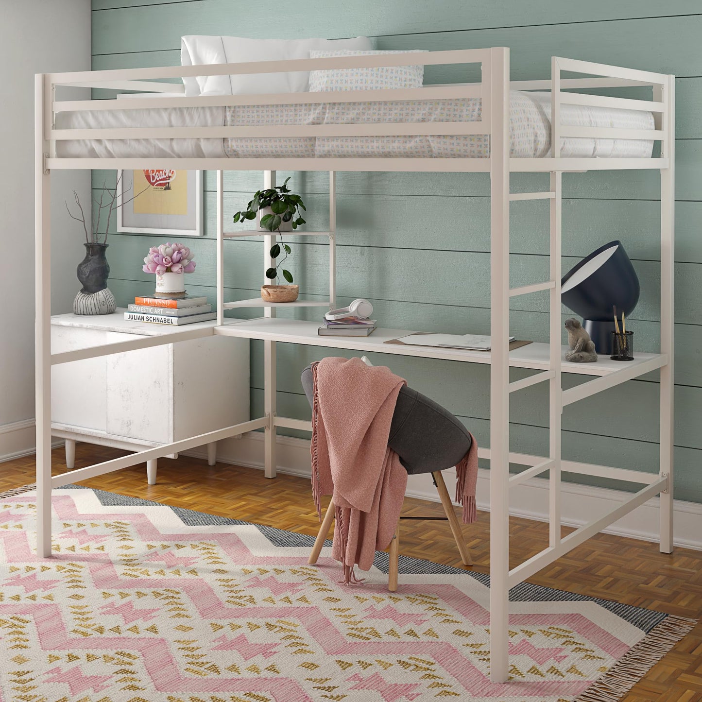 Novogratz Maxwell Metal Full Loft Bed with Desk & Shelves, Off White