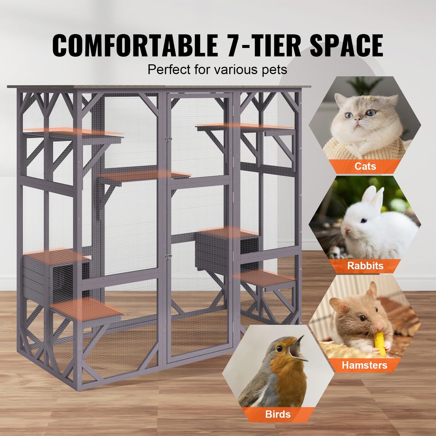 VEVOR Cat Cage Condo Catio Outdoor/Indoor Cat Enclosure, Wooden Cat House with 5 Platforms, 7-Tier Pet Playpen with 2 Resting Box, Cat Crate Cat Kennel with Waterproof Roof, 71.2"L x 34.6"W x 66.5"H