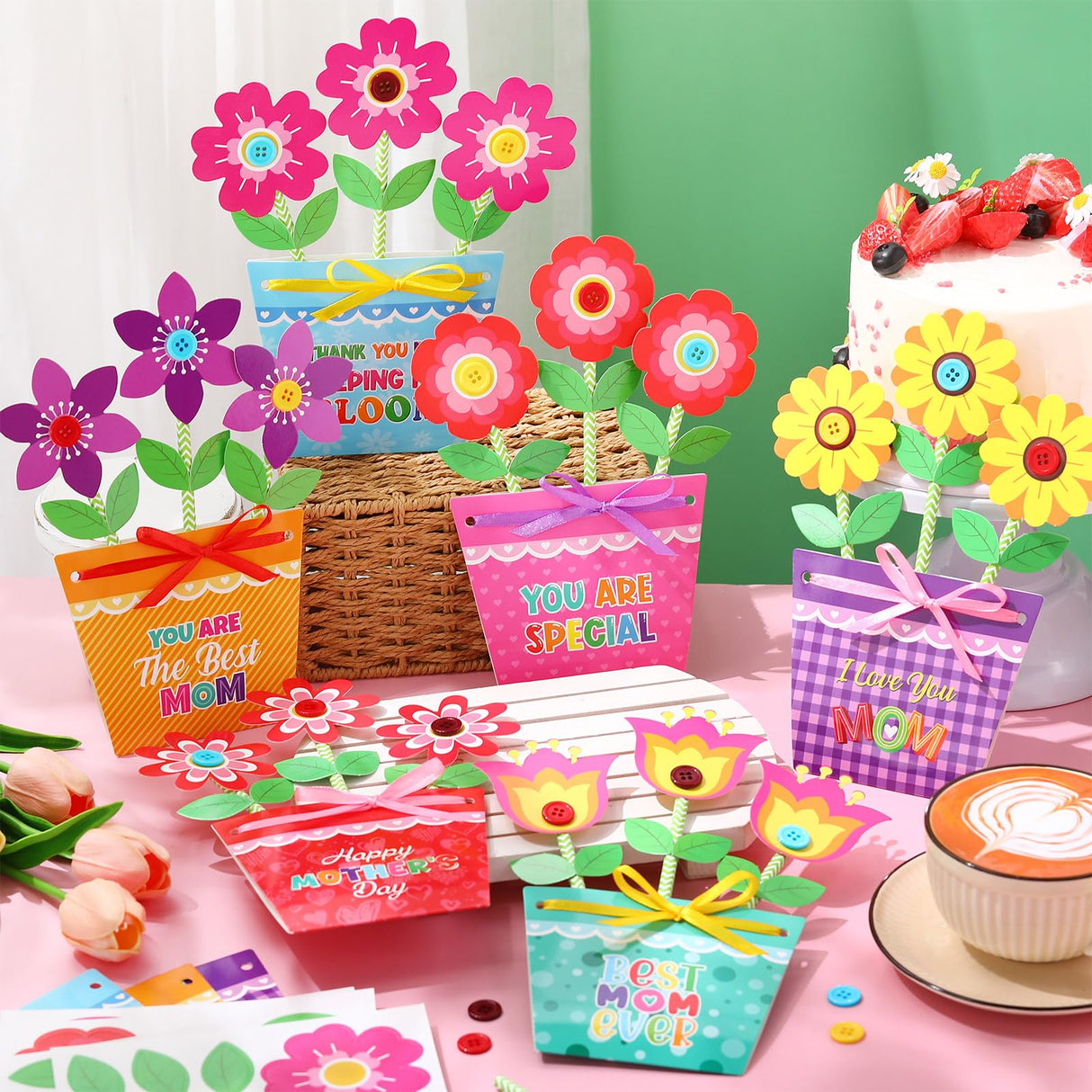 Kosiz 24 Sets Mother's Day Crafts Kit for Kids Flower Card Making Kit with Buttons Straws Ribbon DIY Flower Pot Handmade Greeting Card for Mother's Day Gift Home School Classroom Art Activities Kosiz