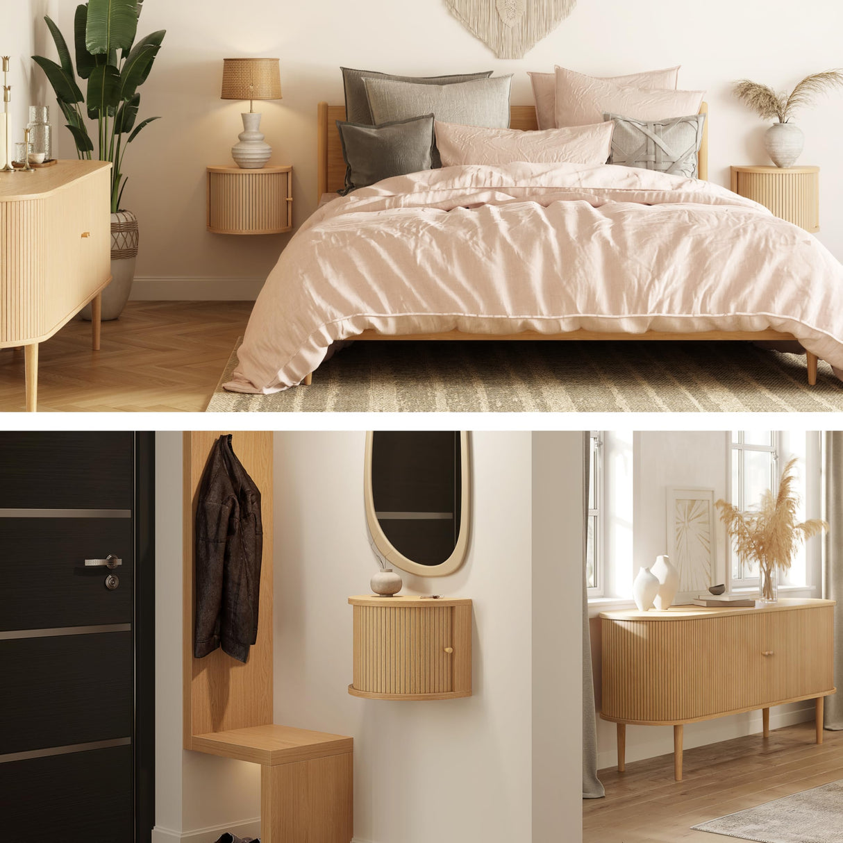 WERMO 16'' Floating Nightstand Shelf with a Sliding Door and Storage - Floating Bedside Shelf Wall Mount, Wall Mounted Wood Nightstand, Mid Century Modern Side Table (Oak) WERMO