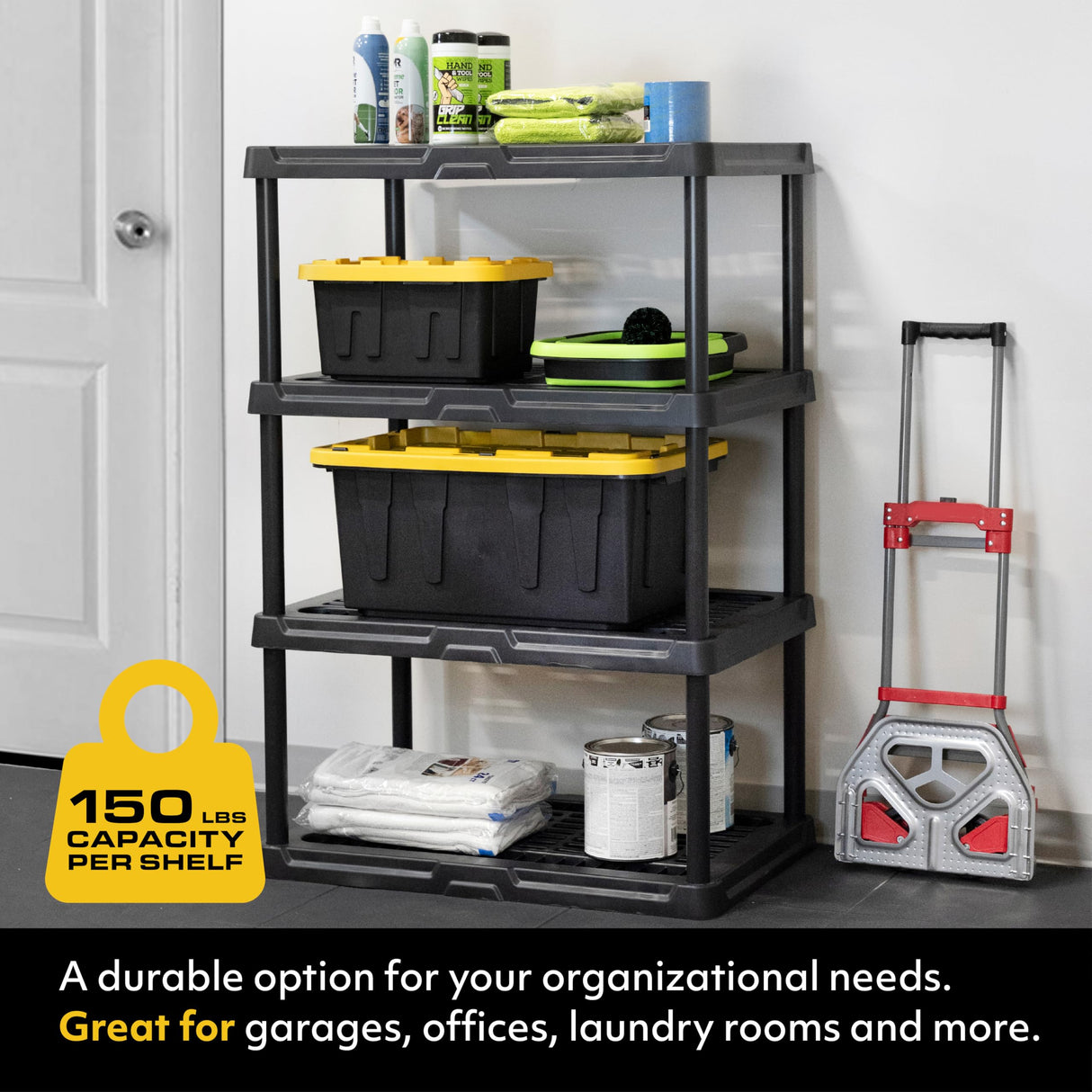 CX 4-Tier (53”H x 36”W x 18”D) Plastic Storage Shelving Unit (Black), Heavy Duty, 150lbs Per Shelf Capacity, Indoor/Outdoor Storage and Organization in Home, Garage, Office with Easy Assembly CENTREX